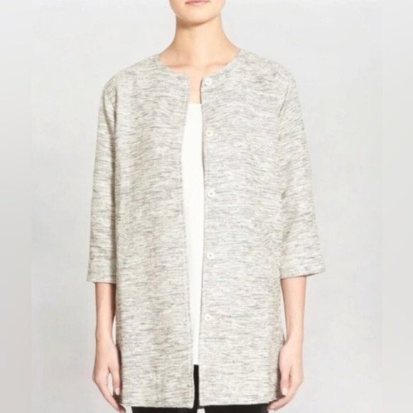 EILEEN FISHER Cotton Twist Jacket Ecru MEDIUM Cream Black Tweed Snap R5TMX‎